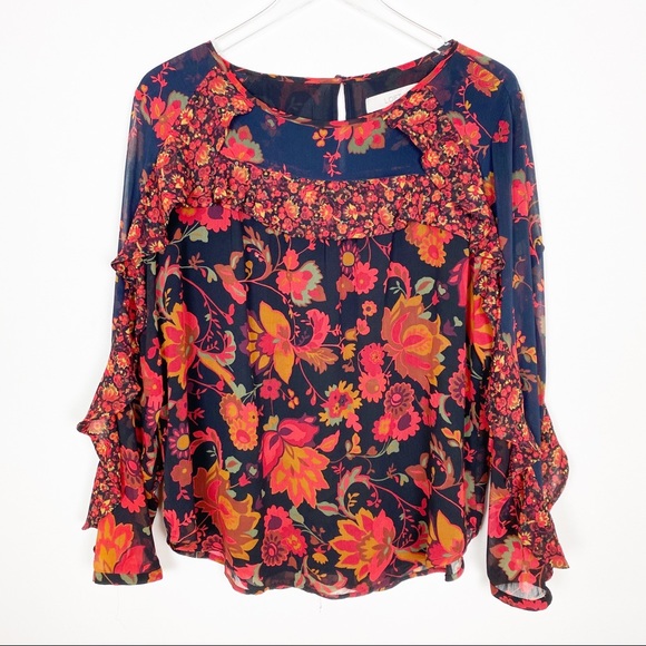 LOFT Tops - LOFT orange black floral boho ruffle top